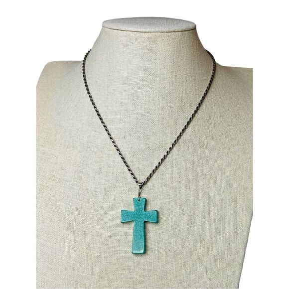 Sterling Silver 925 Dyed Howlite Turquoise Cross 18" Necklace Rope Chain - Picture 1 of 8